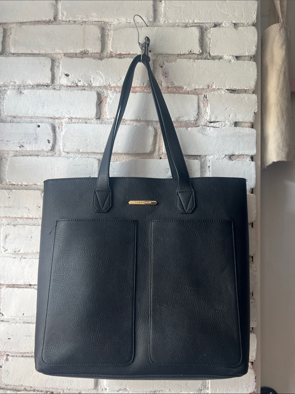 Steve Madden Black Structured Tote Bag with Front Pockets